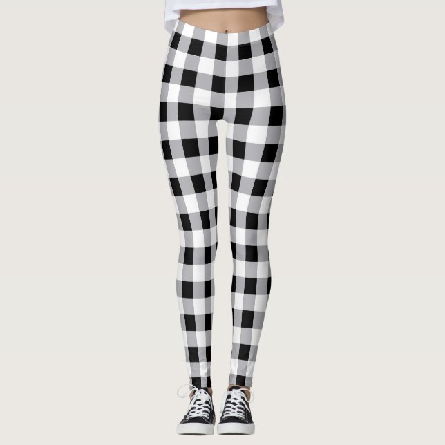 Grey Black White Plaid Check Pattern  Leggings (Front)