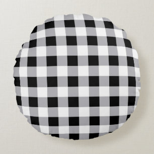 Grey Black White Plaid Check Pattern  Round Cushion