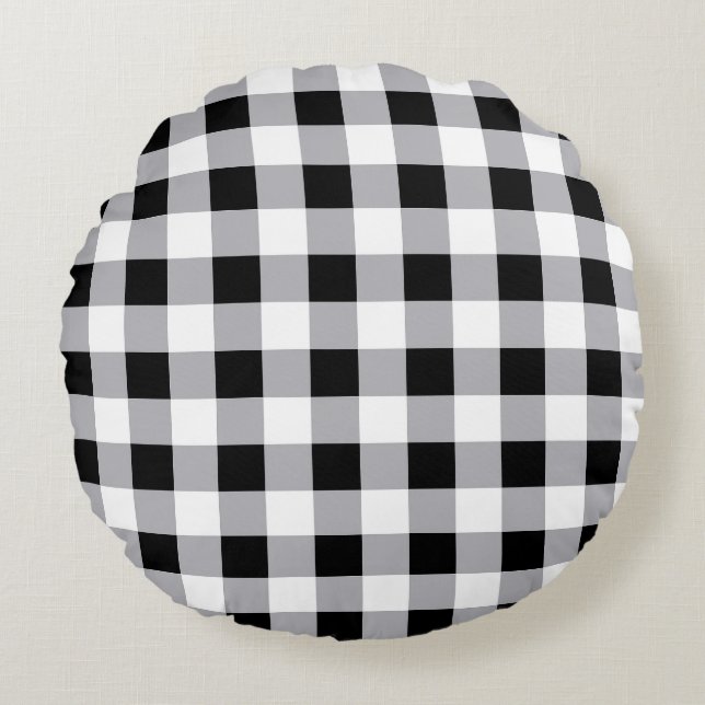 Grey Black White Plaid Check Pattern  Round Cushion (Front)