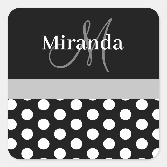Grey Black White Polka Dot Monogram Square Sticker (Front)