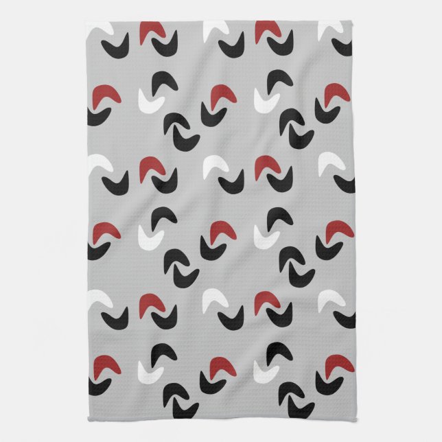 Grey ,black, white, red Boomerang Mod Retro Tea Towel (Vertical)