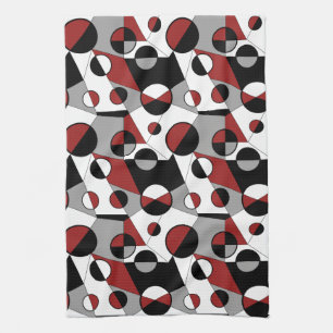 Grey ,black, white, red Geometric Mod Retro Tea Towel
