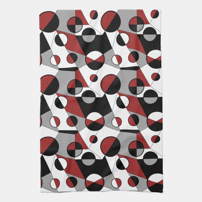Grey ,black, white, red Geometric Mod Retro Tea Towel (Vertical)