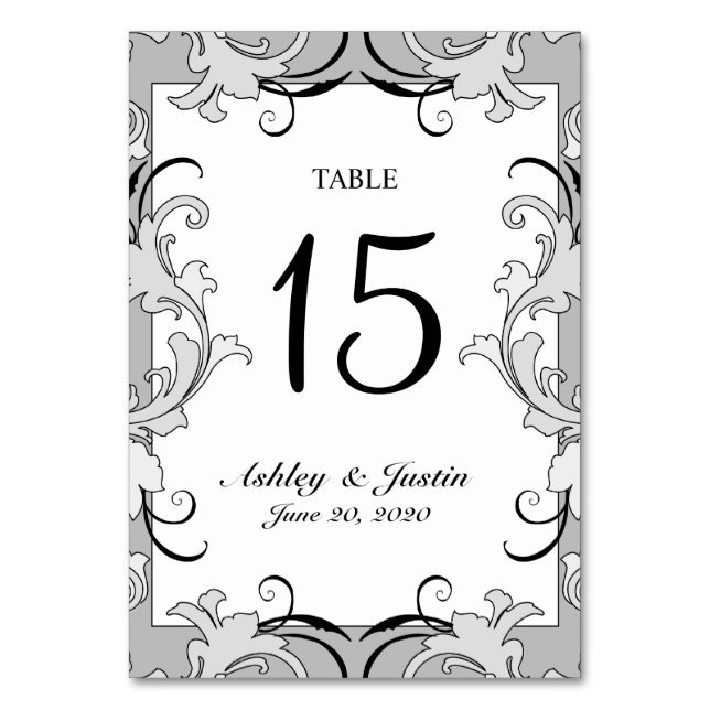 Grey Black White Swirls Wedding Table Number Card (Front)