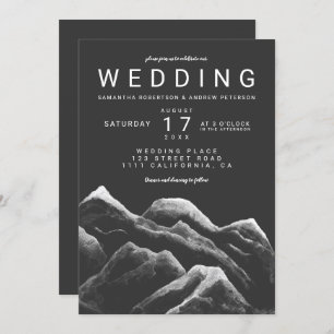 Grey black white watercolor mountains wedding invitation