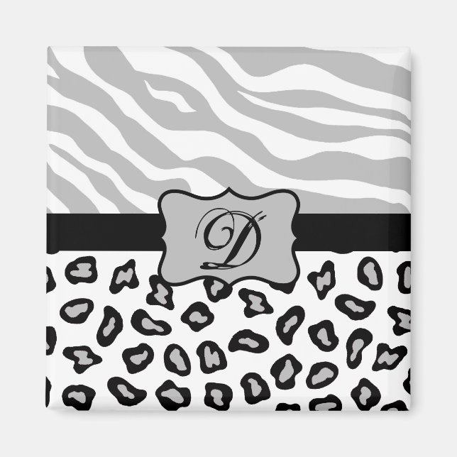 Grey, Black & White Zebra & Cheetah Personalised Magnet (Front)