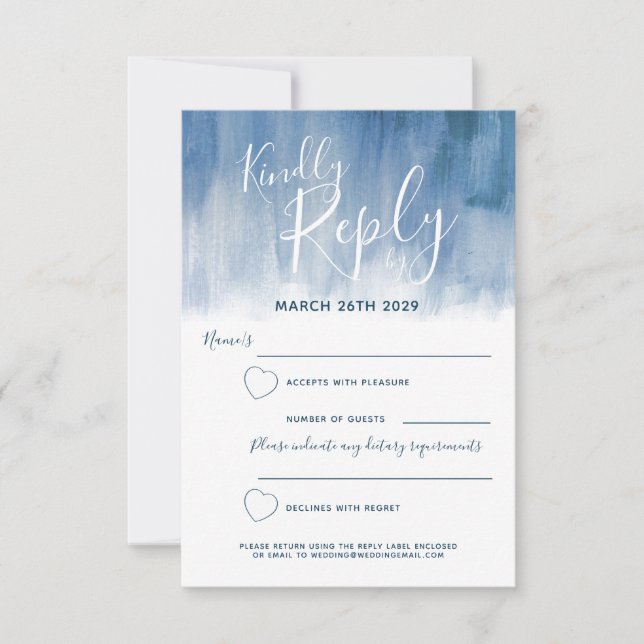 Grey blue abstract modern art painted wedding RSVP card (Front)
