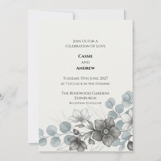 Grey Blue Anemone Eucalyptus Wedding Invitation (Front)