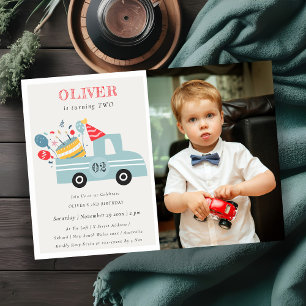 Grey Blue Any Age Birthday Cake Truck Photo Invite