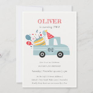 Grey Blue Any Age Birthday Party Cake Truck Invitation