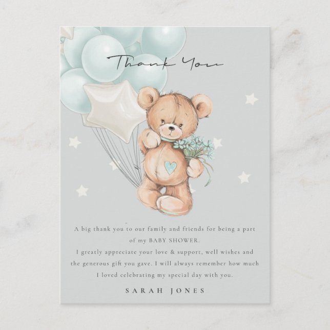 Grey Blue Bear Bearly Wait Balloon Baby Shower Postcard (Front)