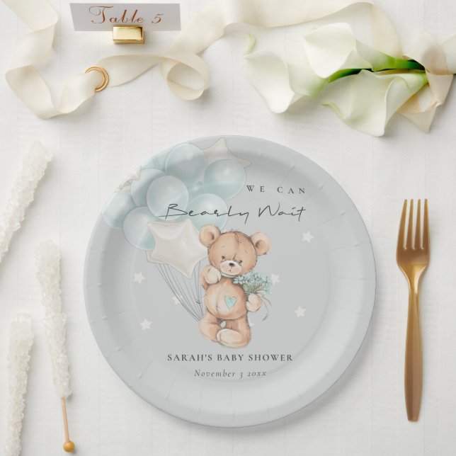 Grey Blue Bearly Wait Bear Balloon Baby Shower Paper Plate (Wedding)