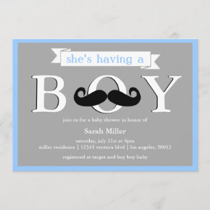 Grey Blue - Boy Moustache Baby Shower Invitation