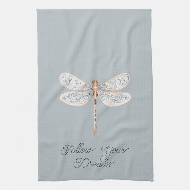 Grey Blue Bronze White Dragonfly Tea Towel (Vertical)