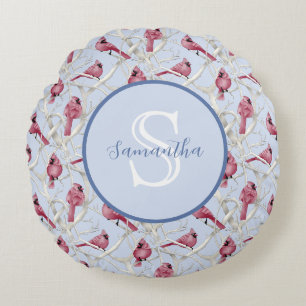Grey Blue Cardinal Birds Personalised Monogram Round Cushion