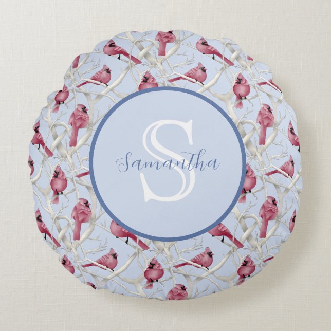 Grey Blue Cardinal Birds Personalised Monogram Round Cushion (Front)