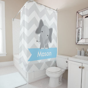 Grey Blue Chevron Elephant Kids Personalised Shower Curtain
