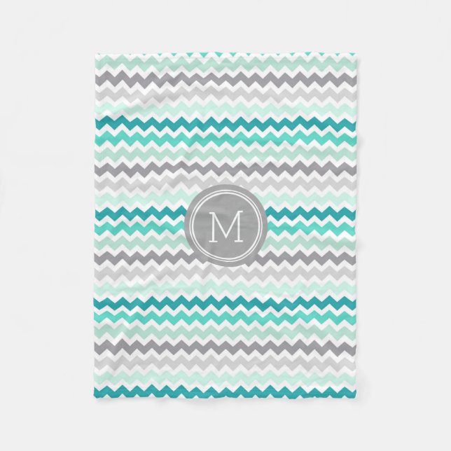 Grey Blue Chevron Pattern Monogram Blanket (Front)