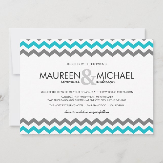 Grey & Blue Chevron Zig Zag Wedding Invitations (Front)