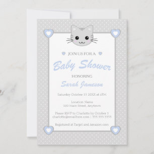 Grey Blue Cute Kawaii Cat Animal Baby Shower Dots Invitation