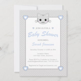 Grey Blue Cute Kawaii Cat Animal Baby Shower Dots Invitation