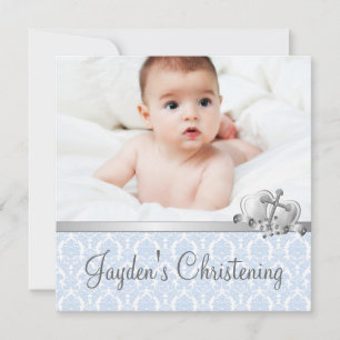 Grey Blue Damask Boys Photo Christening Invitation