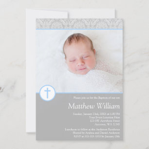 Grey Blue Damask Cross Boy Photo Baptism Invitation