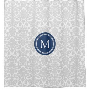 Grey Blue Damask Monogram Shower Curtain