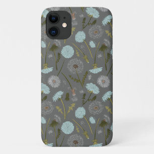 Grey Blue Dandelion Whimsical Flowers Pattern iPhone 11 Case