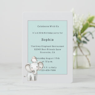 Grey Blue Elephant and Bird Birthday Invitation