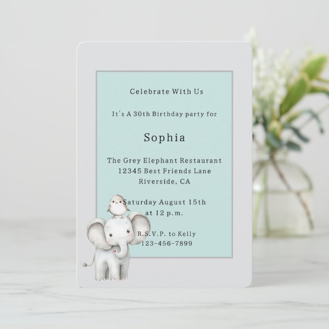 Grey Blue Elephant and Bird Birthday Invitation (Standing Front)