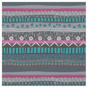 Grey Blue Floral Tribal Print Fabric