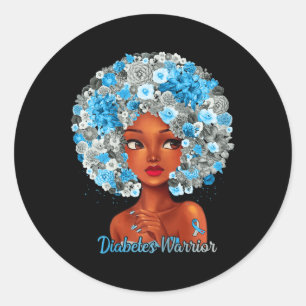 Grey Blue Flowers Afro Hair Black Woman Diabetes W Classic Round Sticker
