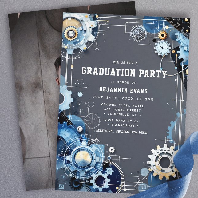 Grey Blue Gears Engineering Graduation Photo Invitation (Creator Uploaded)