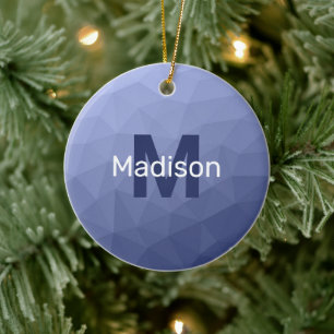 Grey blue geometric mesh pattern Monogram Ceramic Ornament
