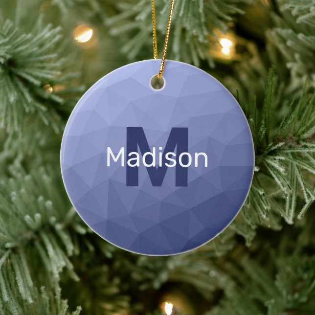 Grey blue geometric mesh pattern Monogram Ceramic Ornament (Tree)