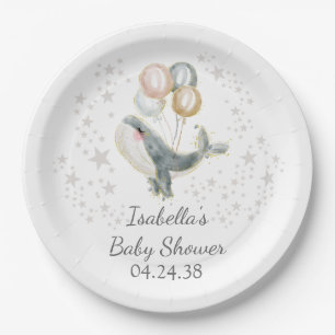 Grey Blue Gold Watercolor Cute Whale Baby Shower E Paper Plate