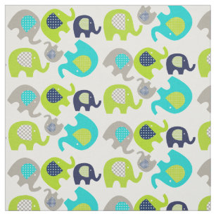 Grey Blue Green Elephants on White Fabric