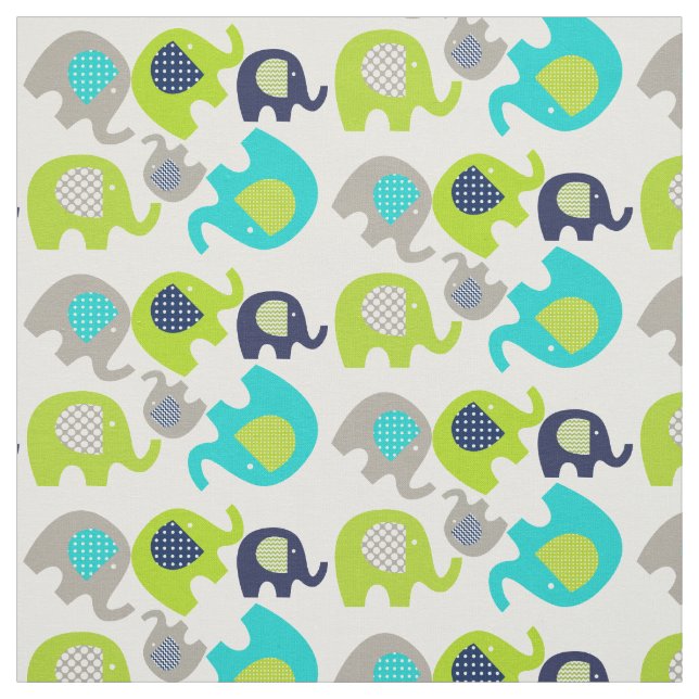 Grey Blue Green Elephants on White Fabric (Swatch)
