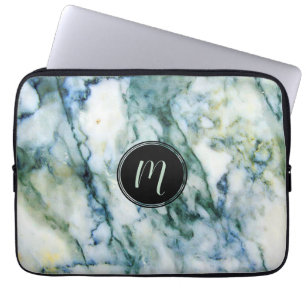 Grey & Blue-Green Faux Marble Stone Monogram Laptop Sleeve