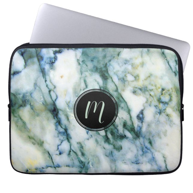 Grey & Blue-Green Faux Marble Stone Monogram Laptop Sleeve (Front)
