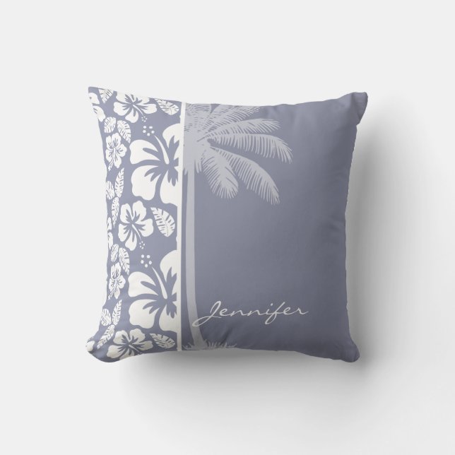 Grey-Blue Hawaiian Tropical Hibiscus; Palm Cushion (Front)