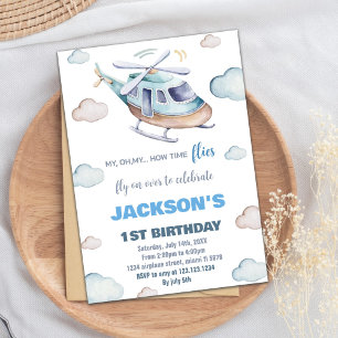 Grey Blue Helicopter Birthday Invitations