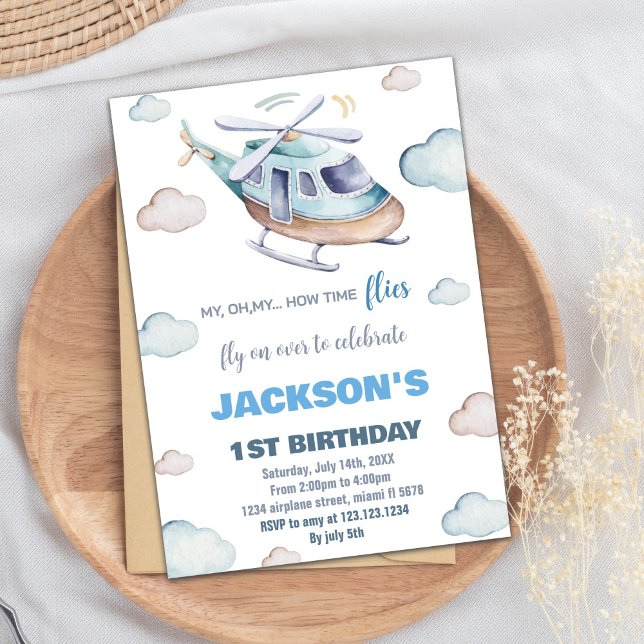 Grey Blue Helicopter Birthday Invitations (Gray Blue Helicopter Birthday Invitations)