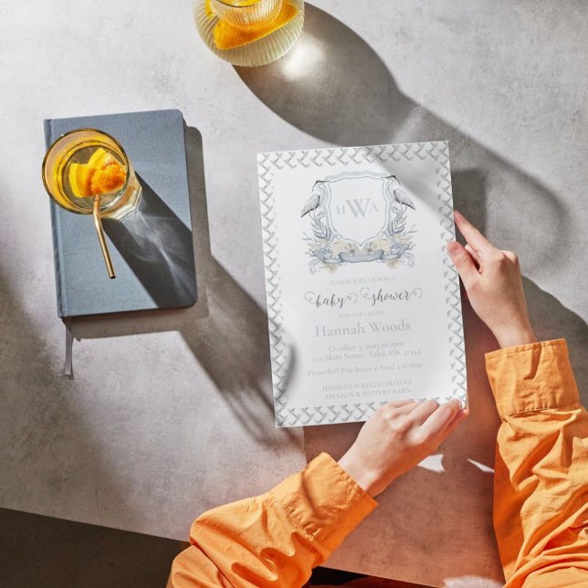 Grey Blue Heron Monogram Crest Baby Shower Invitation (Creator Uploaded)