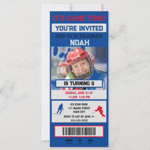 Grey&blue Hockey Ticket Birthday Party Invitation