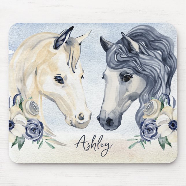 Grey blue horse with flowers personalised name mouse pad (Front)