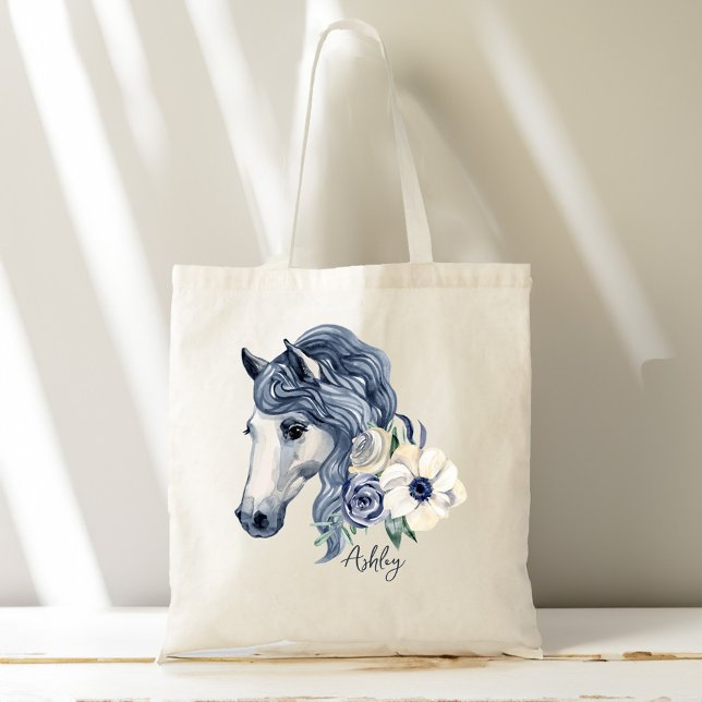 Grey blue horse with flowers personalised name tote bag (Grey blue horse with flowers personalized name tote bag)