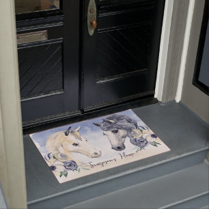 Grey blue horse with flowers personalized name doormat