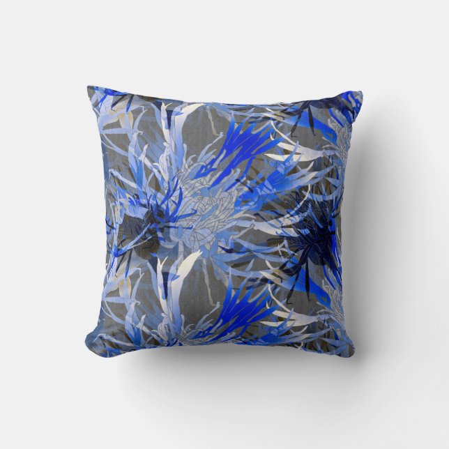 Grey & Blue Modern Artistic Abstract Floral Cushion (Front)